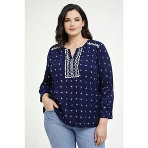 Talbots Plus 1X Navy Embroidered Cotton Peasant Blouse Top